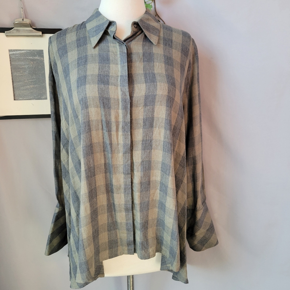 Hana San Oviv Khaki Check Button Up Shirt 38 6/8 M - Picture 2 of 14